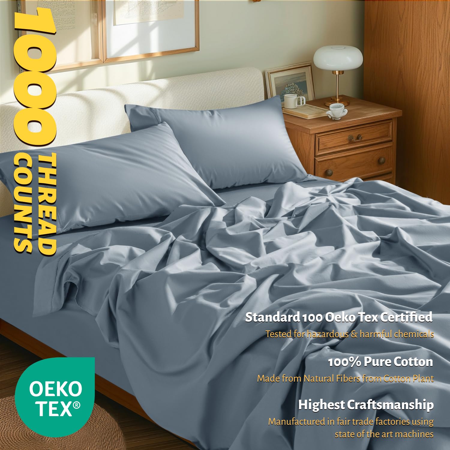 Shilucheng 100% Egyptian Cotton Queen Size Sheets Set - 1000 Thread Count,Luxury Cotton Bed Sheets,Breathable & Cooling Bedding And Pillow Cases, 16 Inch Deep Pocket - 4 Piece (French Blue, Queen)